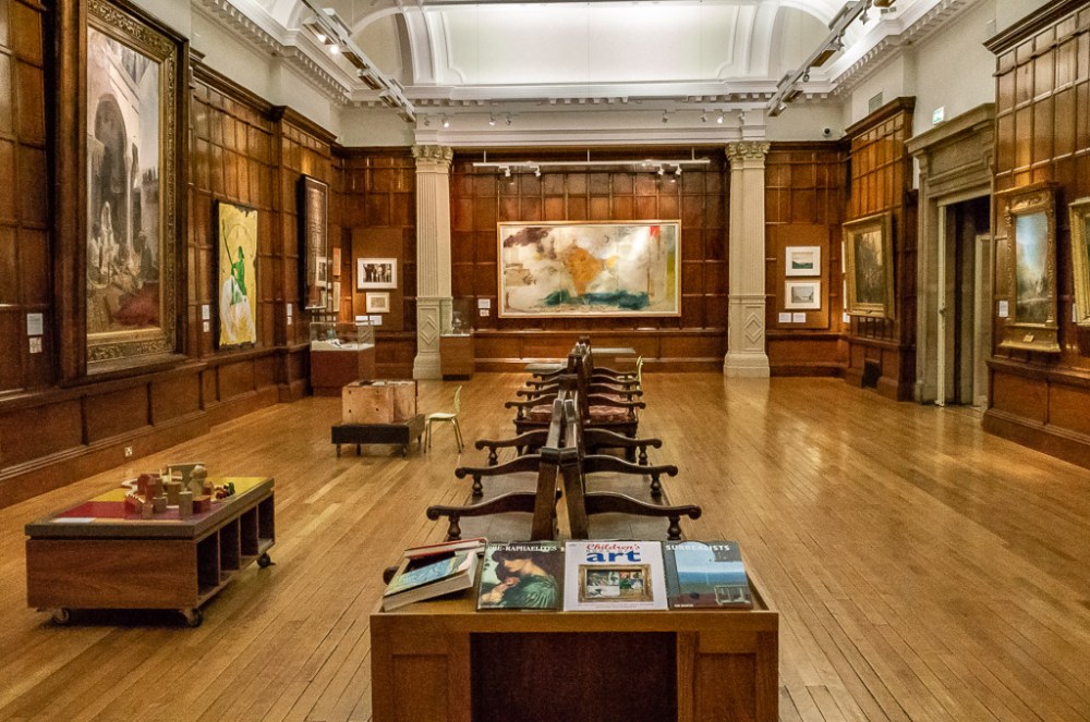 Big wood lined room at Cartwright Hall art gallery, Bradford